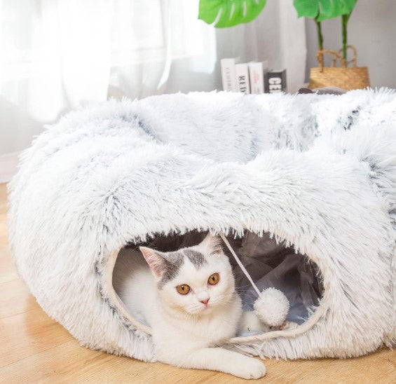 Warm Fluffy Plush Cat Dog Tunnel Bed